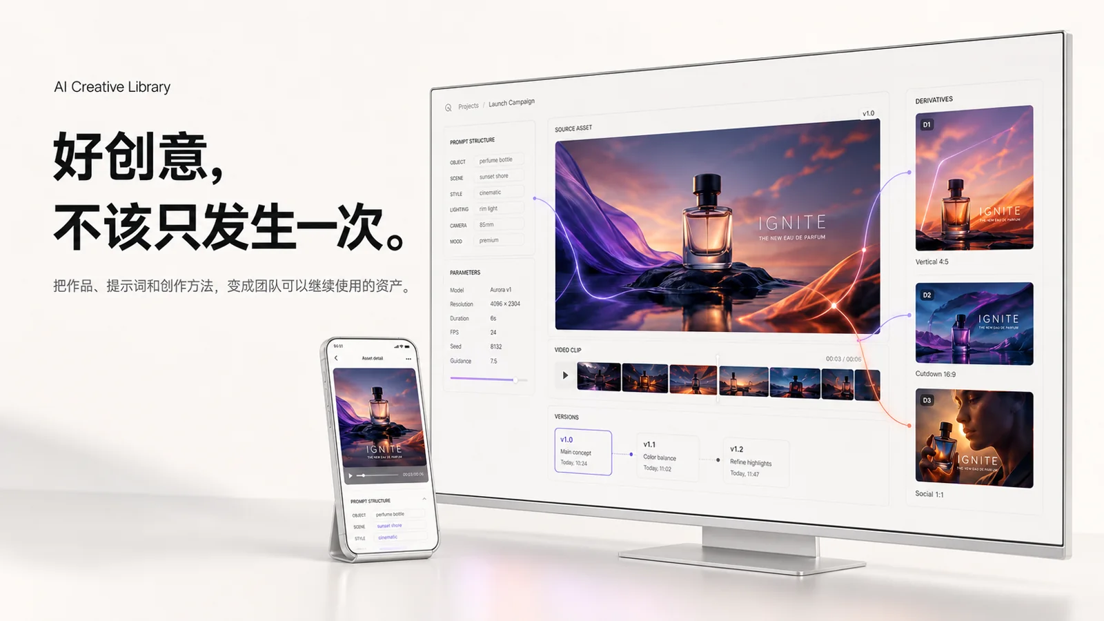 AI 创意资产库在电脑和手机上的作品、提示词与版本管理界面